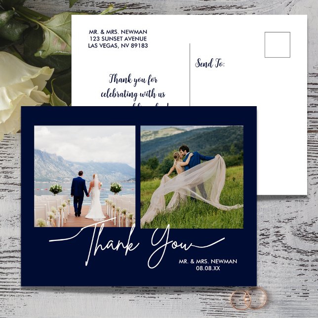 Carte Postale Bleu marine remerciement de mariage photo écriture (Créateur téléchargé)