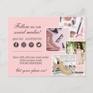 Carte Postale Bleu Merci rose et or Peinture stries 4 photos