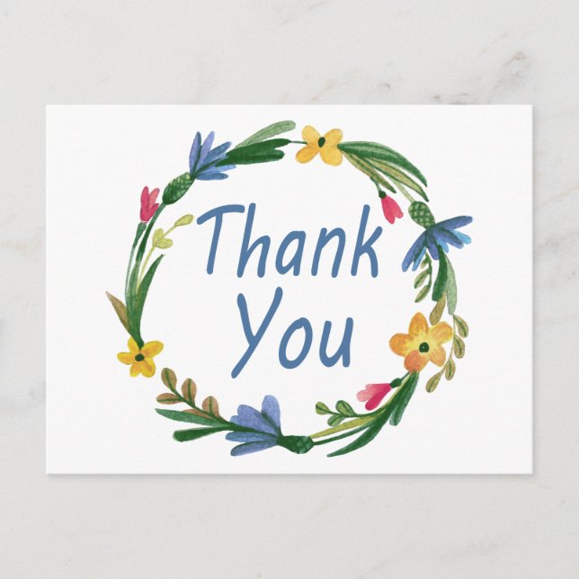 Carte postale bleu Merci Watercolor Floral Wreath  (Devant)