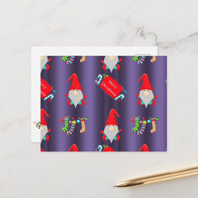 Carte Postale Bleu mignon Gnomes de Noël (Devant/Arrière en situation)