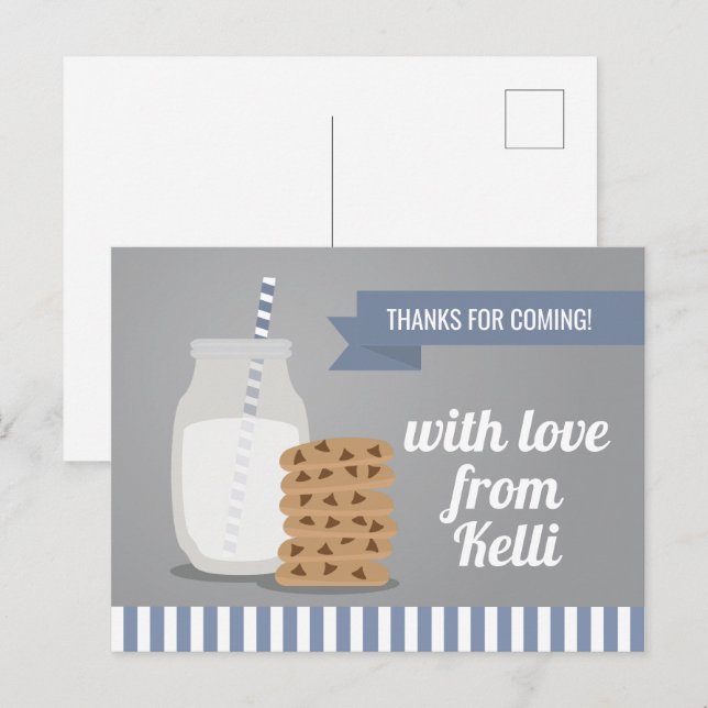 Carte Postale Bleu Moderne Lait et Cookies Rayé Merci (Devant / Derrière)