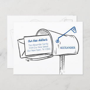 Carte Postale Bleu Nous avons Déplacé la boîte aux lettres en dé