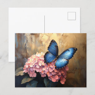 Carte Postale Bleu papillon rose fleurs