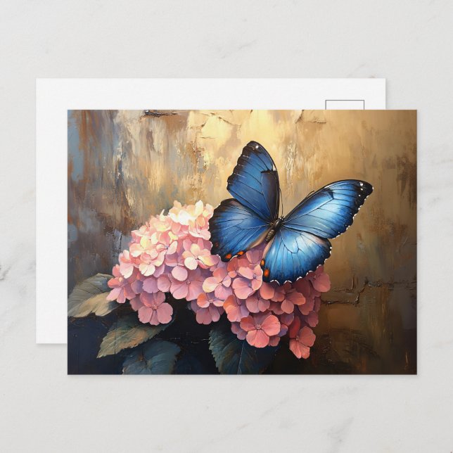 Carte Postale Bleu papillon rose fleurs (Devant / Derrière)