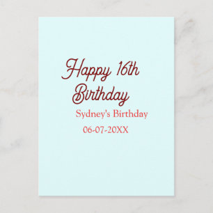 Carte Postale Bleu pastel rouge joyeux 16e anniversaire nom date