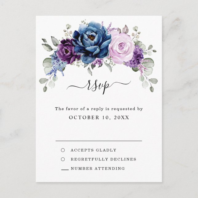 Carte Postale Bleu poussiéreux Violet Nuit Lilac Fleurs Mariage  (Devant)