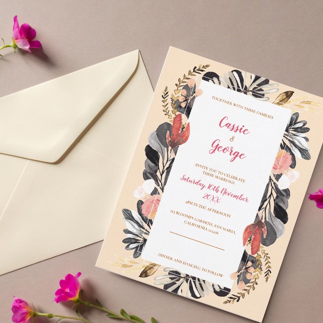 Carte Postale Bleu romantique et Faire-part de mariage florale n (Romantic Blush & Black Floral Wedding Invitation Postcard)