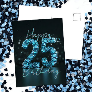 Carte Postale Bleu Saphir Élégant et Noir 25e Anniversaire
