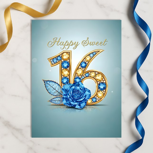 Carte Postale Bleu Saphir Opulent Cristal Or Rose Douce 16 (Créateur téléchargé)