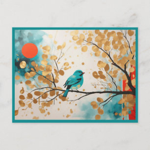 Carte Postale Bleu Songbird Sur Golden Feuille Tree Branch