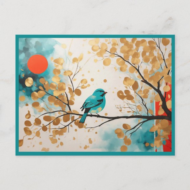 Carte Postale Bleu Songbird Sur Golden Feuille Tree Branch (Devant)