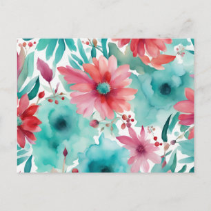 Carte Postale bleu turquoise Aquarelle rouge Fleurs de printemps