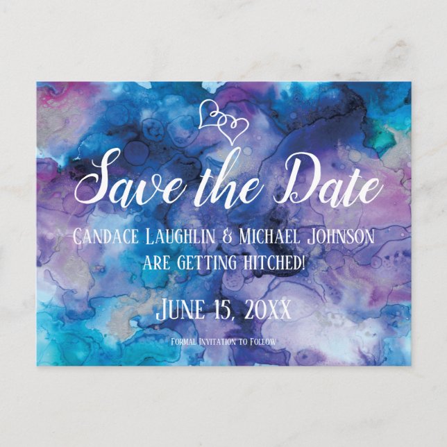 Carte Postale Bleu violet aquarelle mariage Enregistrer la date (Devant)