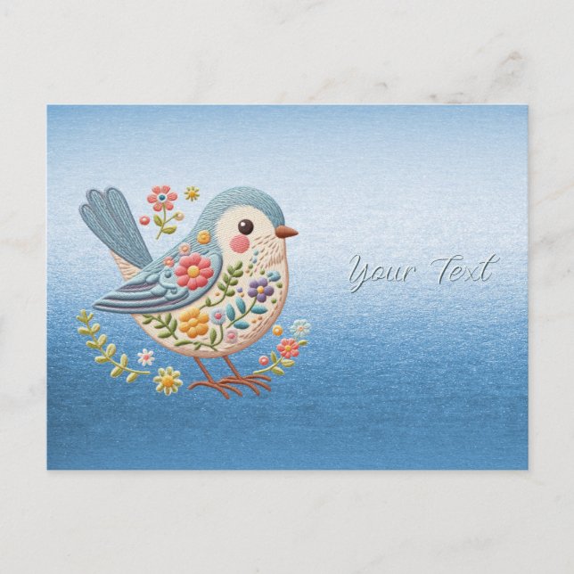 Carte postale bleue à broderie florale Little Bird (Devant)