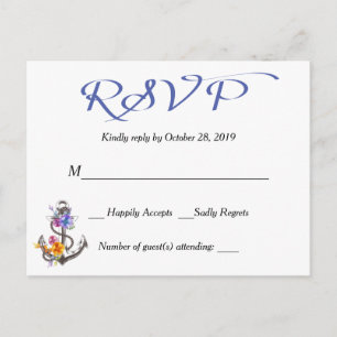 Carte postale bleue florale Ancre bateau RSVP naut