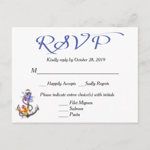 Carte postale bleue florale Ancre bateau RSVP naut