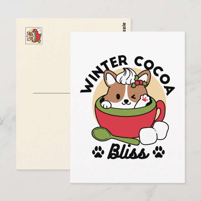 Carte Postale Bliss de cacao d'hiver - Chien mignon en mode Mug (Devant / Derrière)