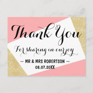 Carte Postale Bloc de couleur moderne rose or mariage merci