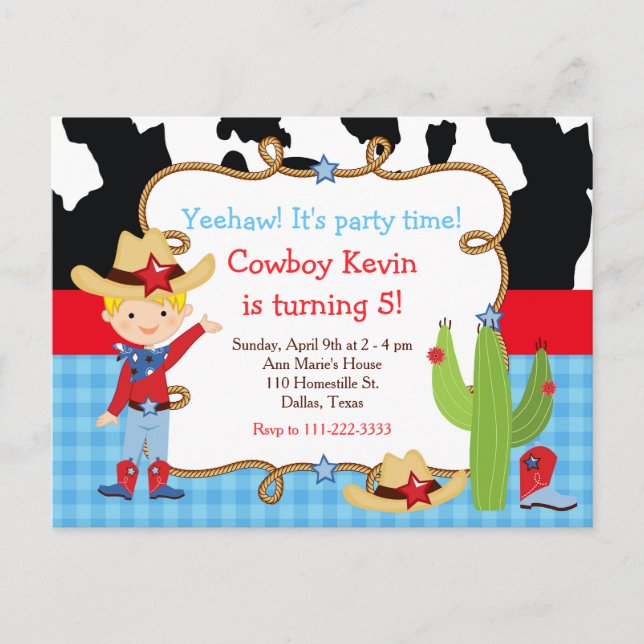 Carte Postale Blonde Cowboy Western Anniversaire Party (Devant)