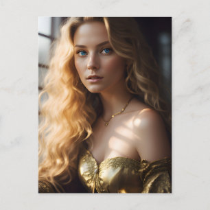 Carte postale blonde en robe dorée