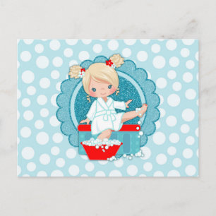 Carte Postale Blonde fille Spa bulles Turquoise Rouge Blanc