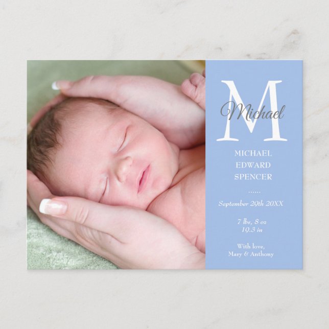 Carte Postale Blue Baby Boy Initial Monogramme Photo Merci (Devant)