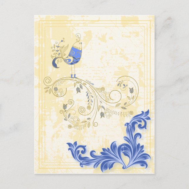 Carte Postale Blue Bird Retro Floral Art (Devant)