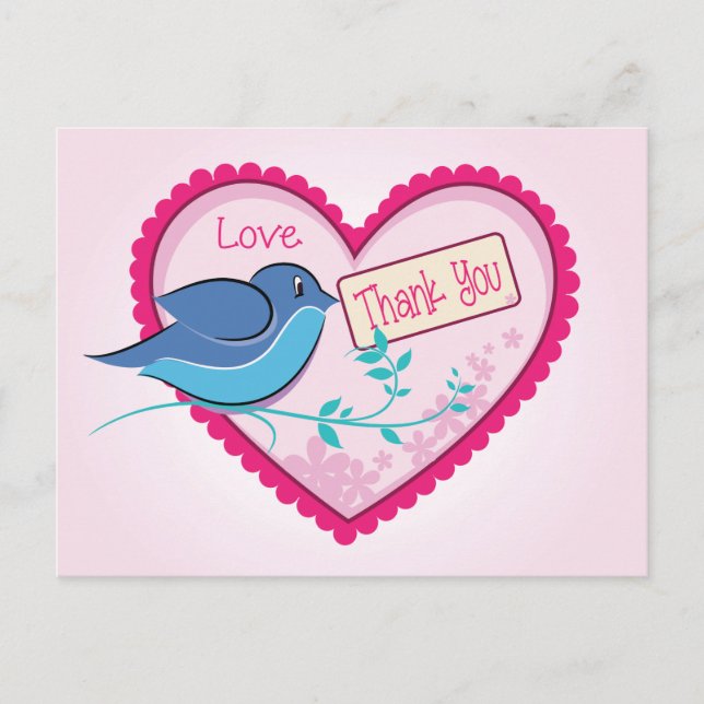 Carte postale Blue Bird Rose Merci Floral Heart (Devant)