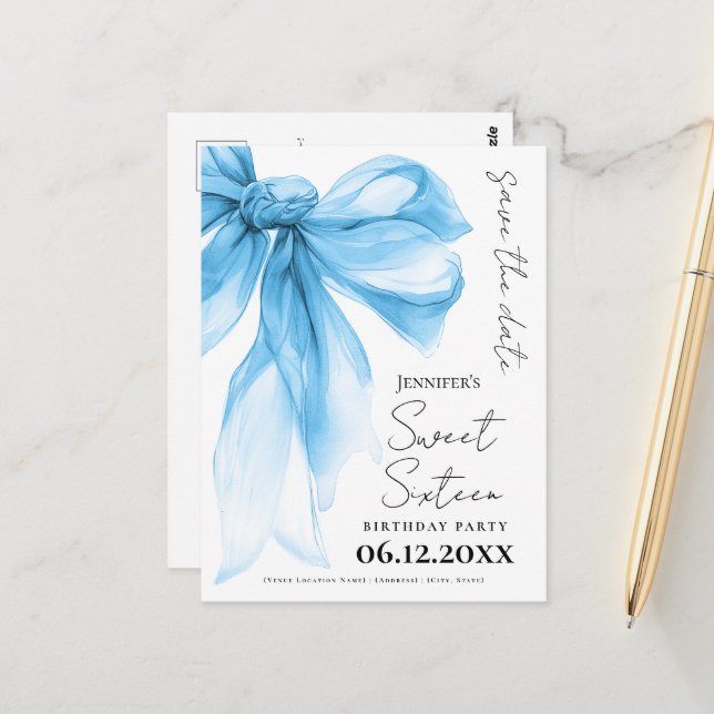 Carte Postale Blue Bow Coquette Sweet 16 Save the Date  (Devant/Arrière en situation)