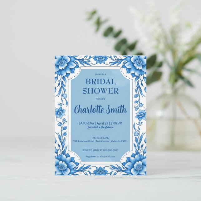 Carte Postale Blue Chinoiserie Fleurs chinoises shower de mariag (Debout devant)