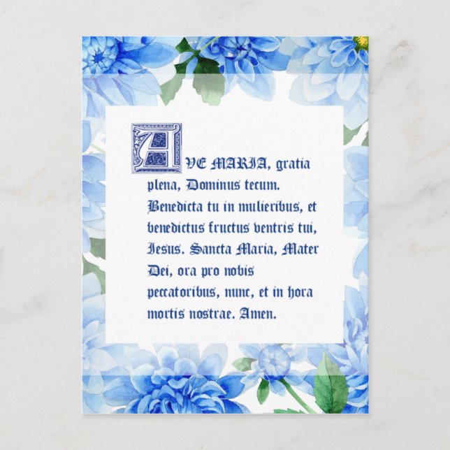 Carte Postale Blue Dahlias | Ave Maria Latin | Hail Mary (Devant)