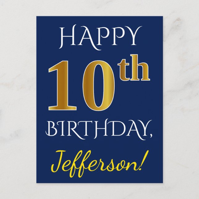 Carte Postale Blue, Faux Gold 10e anniversaire + Nom personnalis (Devant)