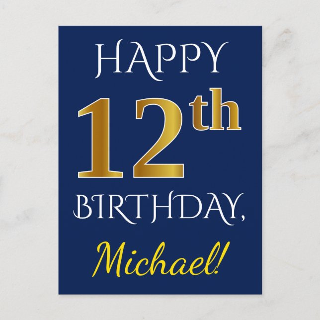 Carte Postale Blue, Faux Gold 12e anniversaire + Nom personnalis (Devant)