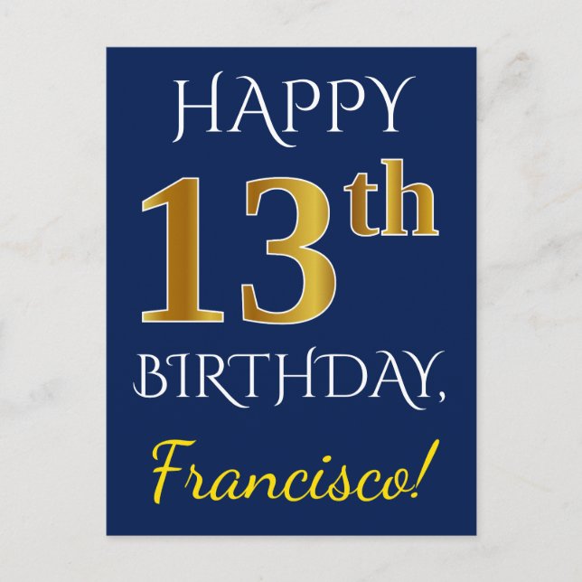 Carte Postale Blue, Faux Gold 13e anniversaire + Nom personnalis (Devant)