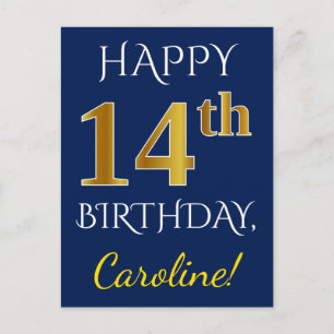 Carte Postale Blue, Faux Gold 14e anniversaire + Nom personnalis