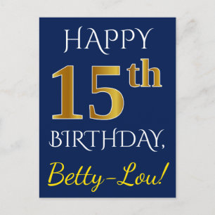 Carte Postale Blue, Faux Gold 15e anniversaire + Nom personnalis