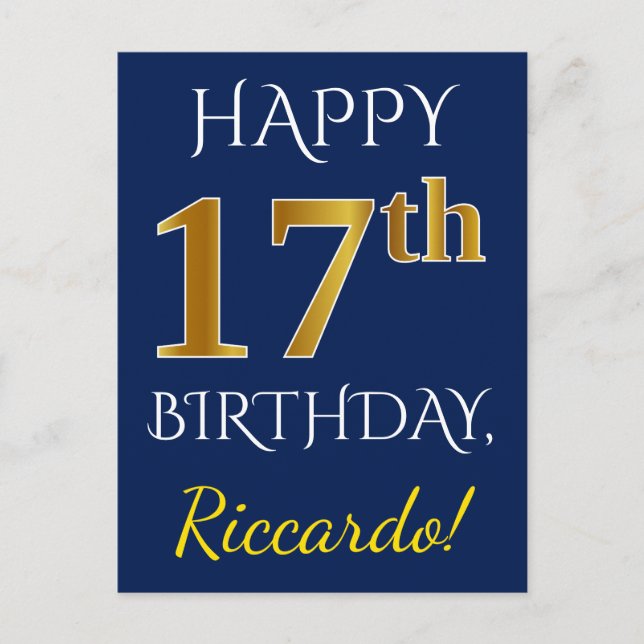 Carte Postale Blue, Faux Gold 17e anniversaire + Nom personnalis (Devant)