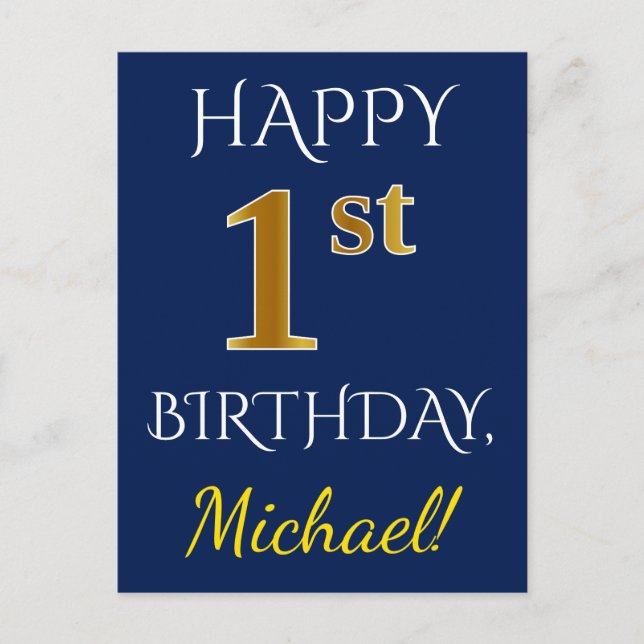 Carte Postale Blue, Faux Gold 1er anniversaire + Nom personnalis (Devant)