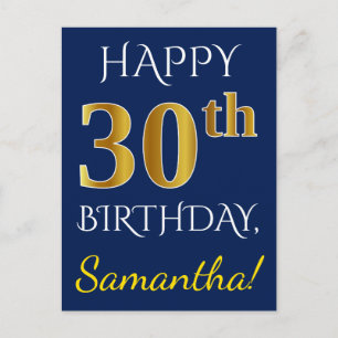 Carte Postale Blue, Faux Gold 30e anniversaire + Nom personnalis