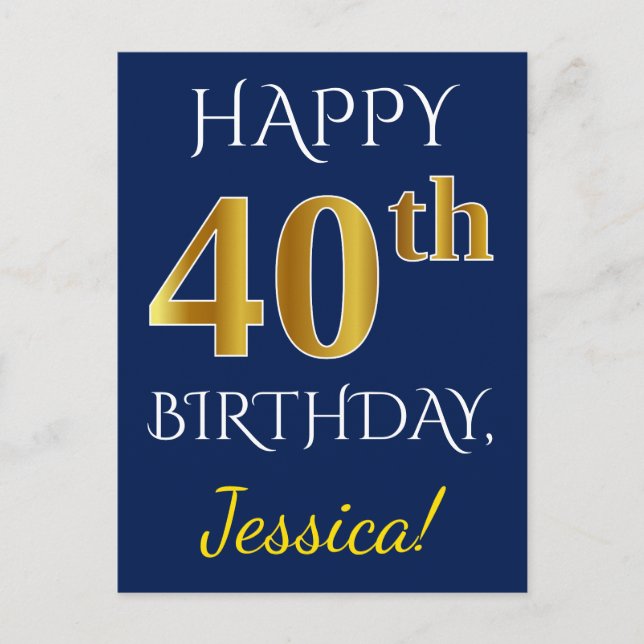 Carte Postale Blue, Faux Gold 40e anniversaire + Nom personnalis (Devant)