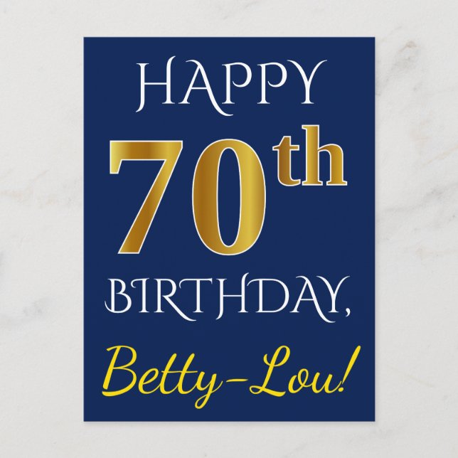 Carte Postale Blue, Faux Gold 70e anniversaire + Nom personnalis (Devant)