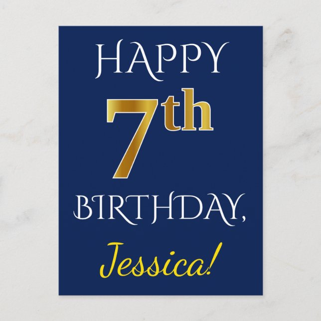 Carte Postale Blue, Faux Gold 7e anniversaire + Nom personnalisé (Devant)