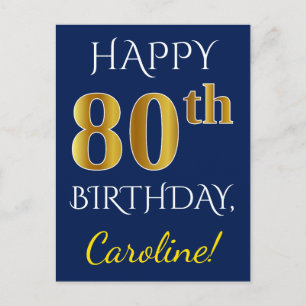 Carte Postale Blue, Faux Gold 80e anniversaire + Nom personnalis