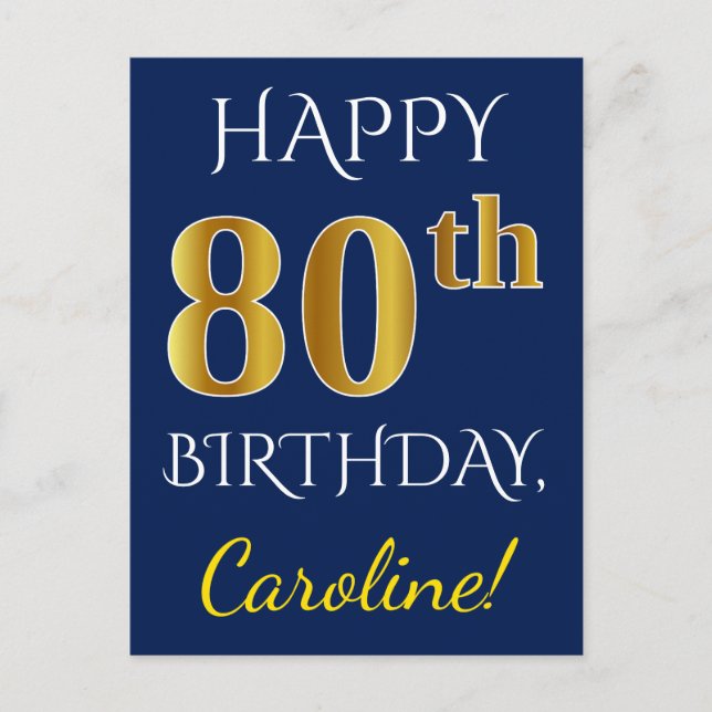 Carte Postale Blue, Faux Gold 80e anniversaire + Nom personnalis (Devant)