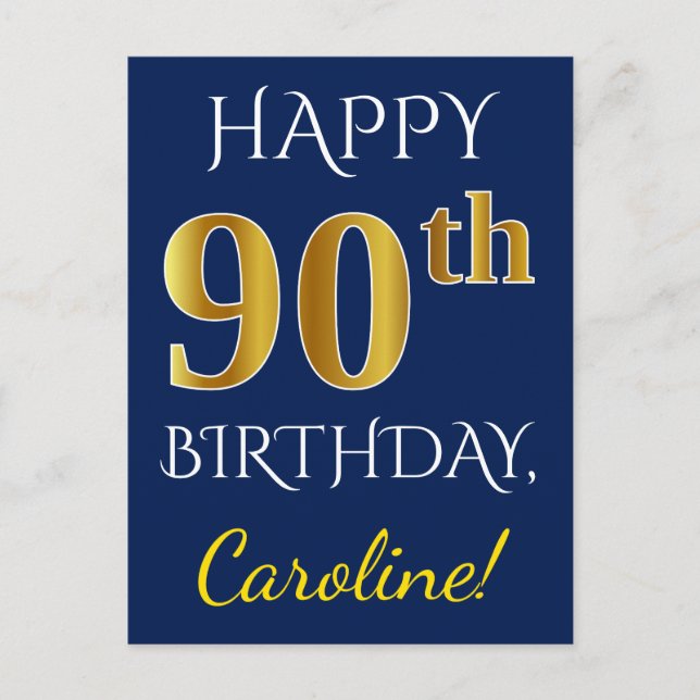 Carte Postale Blue, Faux Gold 90e anniversaire + Nom personnalis (Devant)