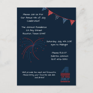 Carte Postale Blue Fireworks 4 juillet Fête Invitation
