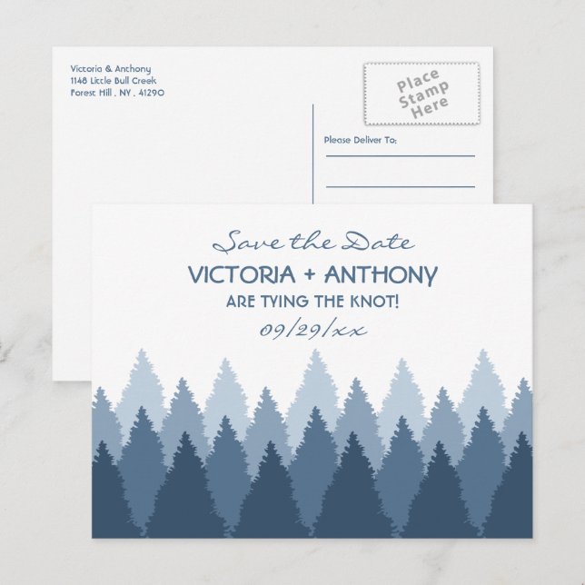 Carte Postale Blue Forest Range Woodland Wedding Enregistrer La  (Devant / Derrière)