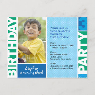 Carte Postale Blue Green Polka Dot 3e Invitation anniversaire