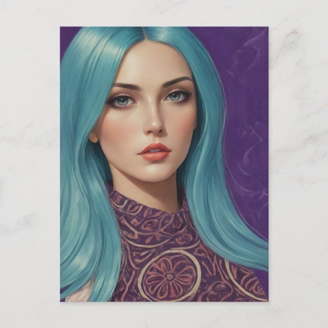 Carte Postale Blue Hair IA art de mon propre collage médiatique  (Devant)