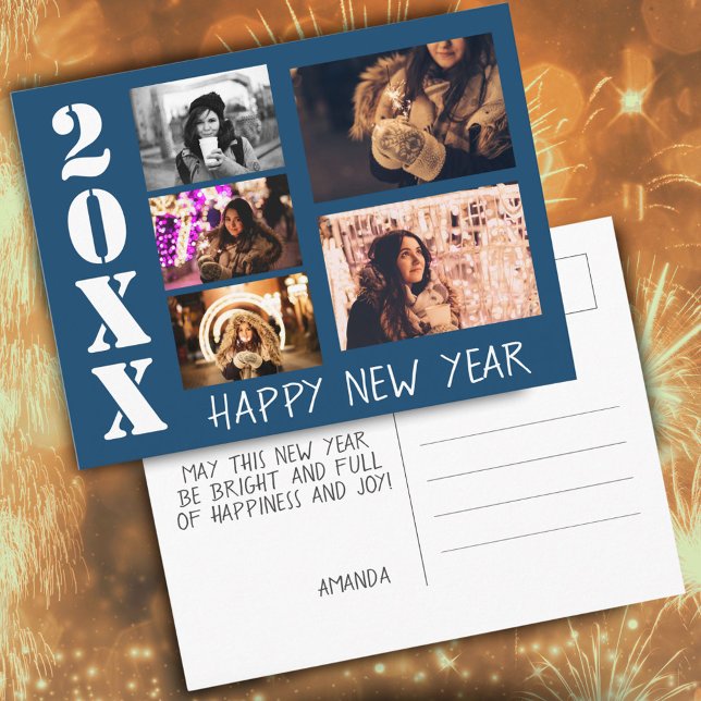 Carte Postale Blue Happy New Year 2026 5 Photo Collage (Créateur téléchargé)